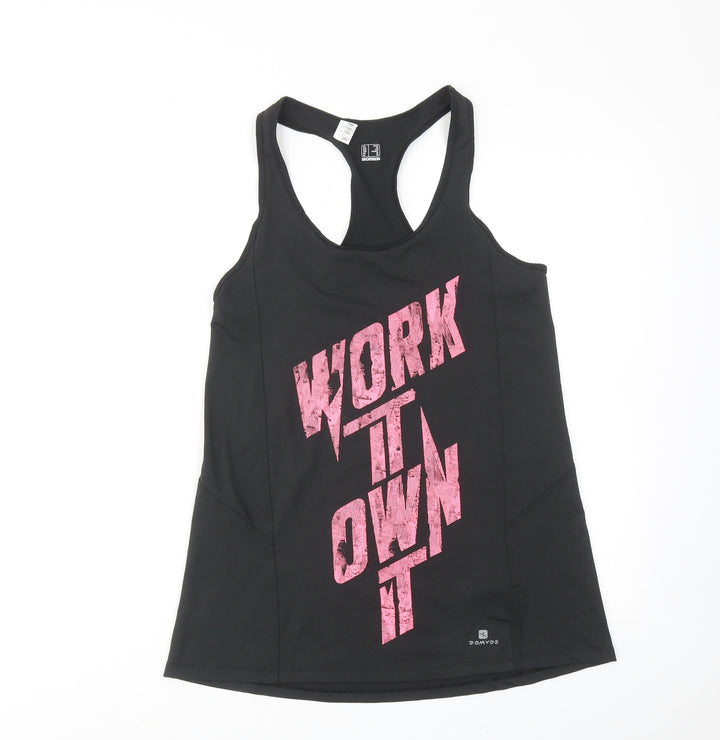 DECATHLON Womens Black Polyester Basic Tank Size S Scoop Neck Pullover - Slogan