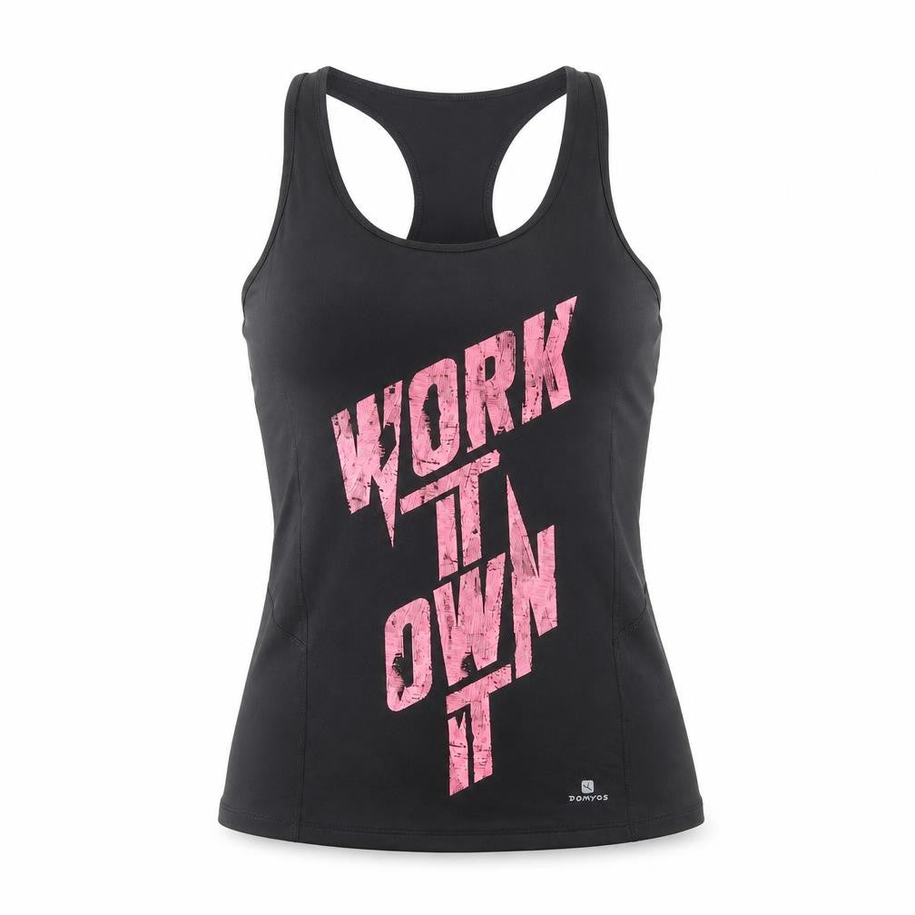 Front view of Decathlon women’s black polyester basic tank, size S, scoop neck pullover - slogan
