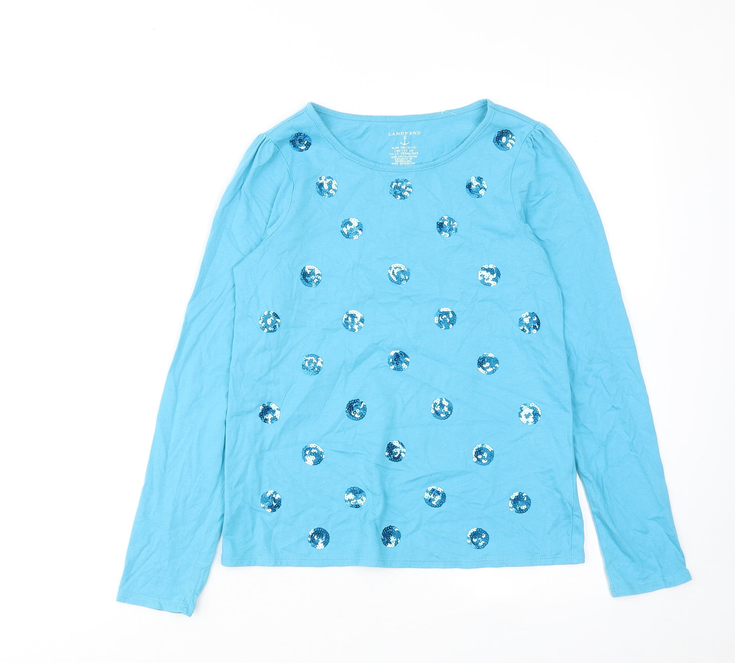 Lands' End Girls Blue Cotton Pullover T-Shirt Size 10-11 Years Boat Neck Pullover