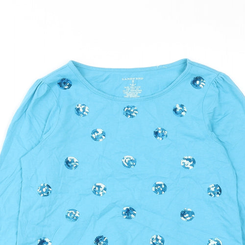 Lands' End Girls Blue Cotton Pullover T-Shirt Size 10-11 Years Boat Neck Pullover