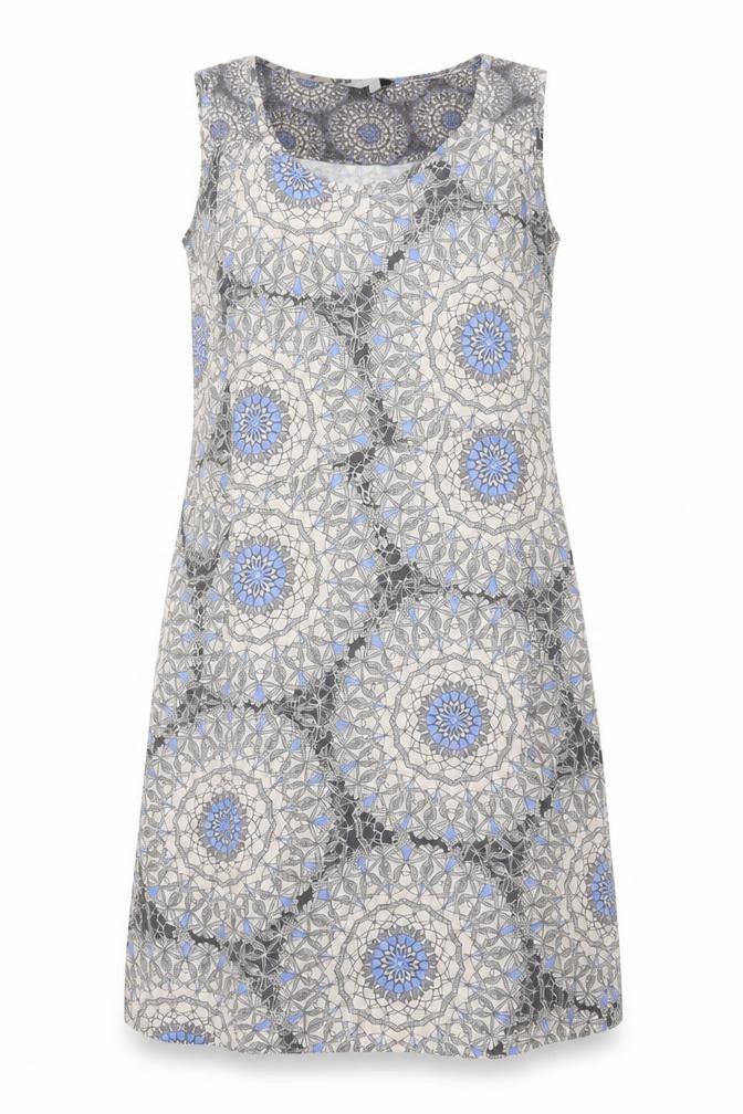 Front view of Per Una women’s multicoloured geometric polyester a-line, size UK 14, round neck pullover