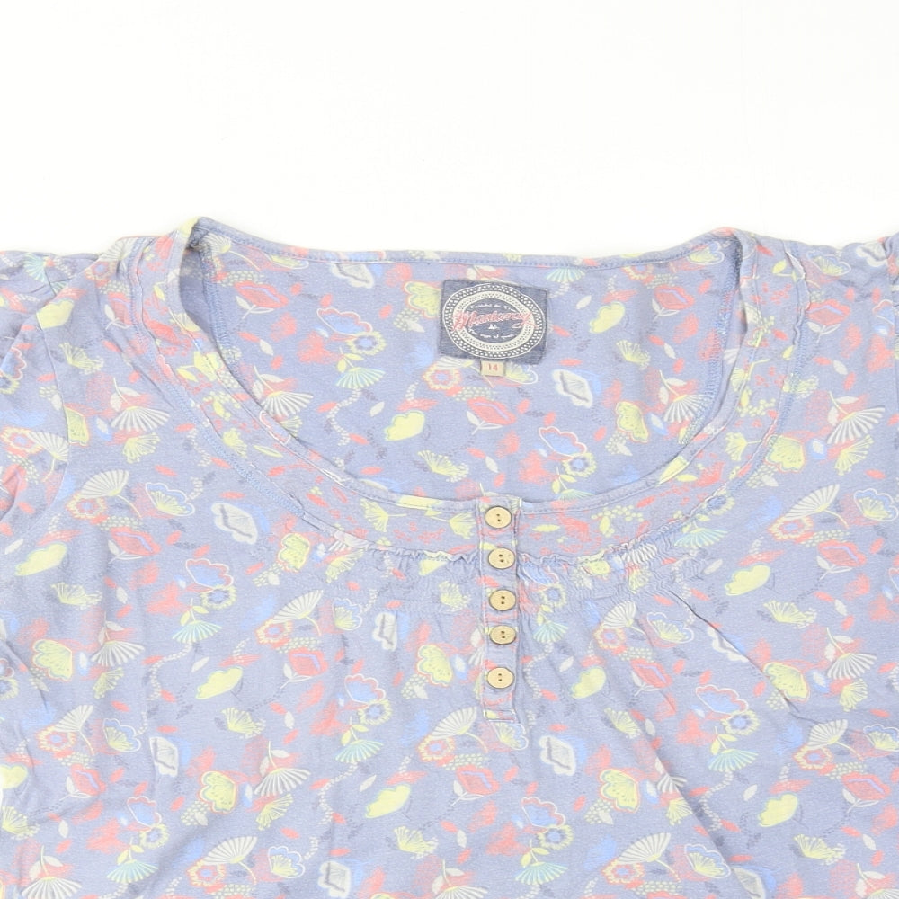 MANTARAY PRODUCTS Womens Blue Geometric Cotton Basic T-Shirt Size 14 Round Neck