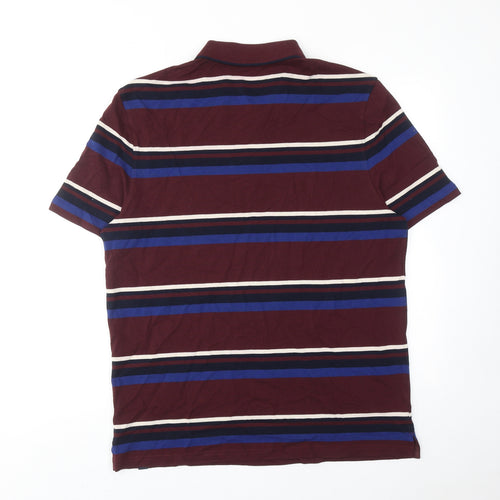 Marks and Spencer Mens Red Striped Cotton Polo Size L Collared Button