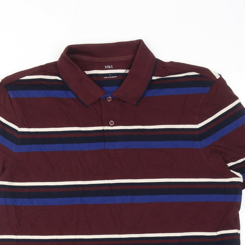 Marks and Spencer Mens Red Striped Cotton Polo Size L Collared Button