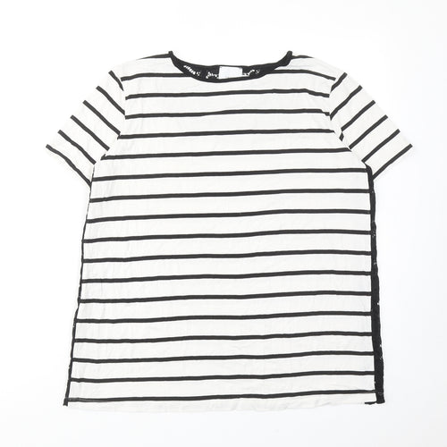 ASOS Womens White Striped Viscose Basic T-Shirt Size 12 Round Neck - Lace Details