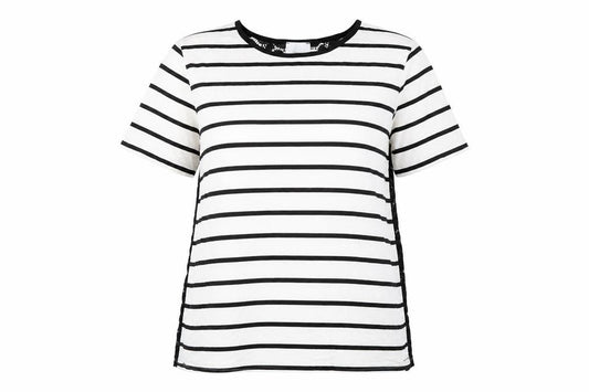 Front view of ASOS women’s white striped viscose basic t-shirt, size UK 12, round neck - lace details