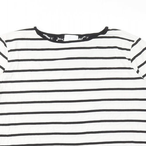 ASOS Womens White Striped Viscose Basic T-Shirt Size 12 Round Neck - Lace Details