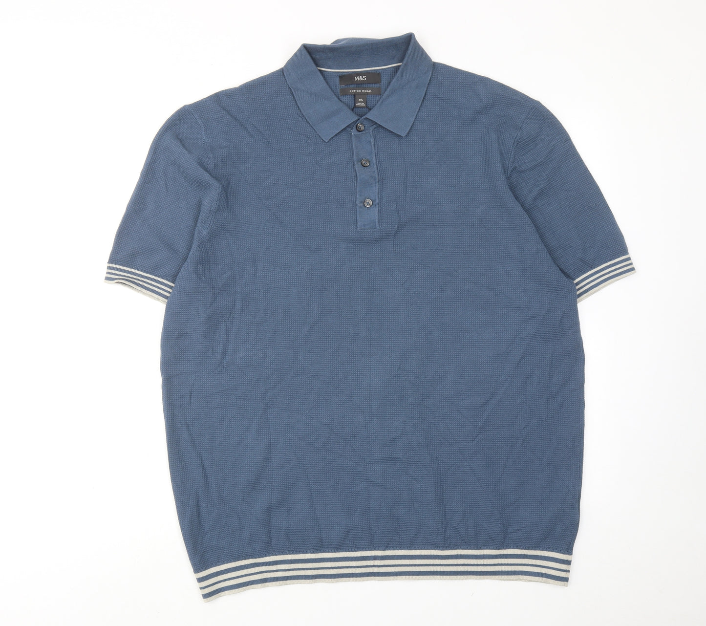Marks and Spencer Mens Blue Cotton Polo Size 2XL Collared Button