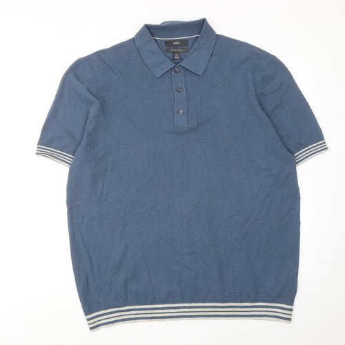 Marks and Spencer Mens Blue Cotton Polo Size 2XL Collared Button