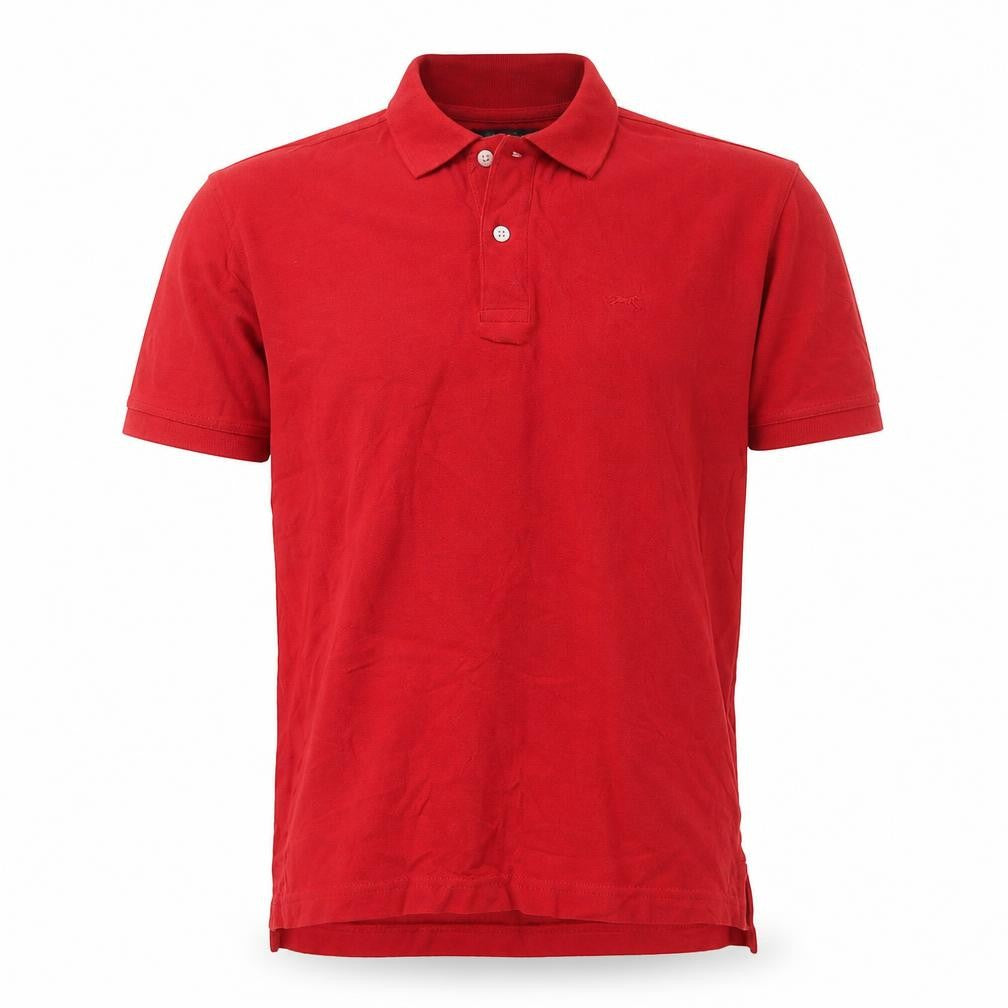 Front view of Under Blue men’s red cotton polo, size L, collared button
