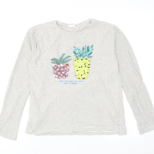 Zara Girls White Striped Cotton Basic T-Shirt Size 11-12 Years Crew Neck Pullover