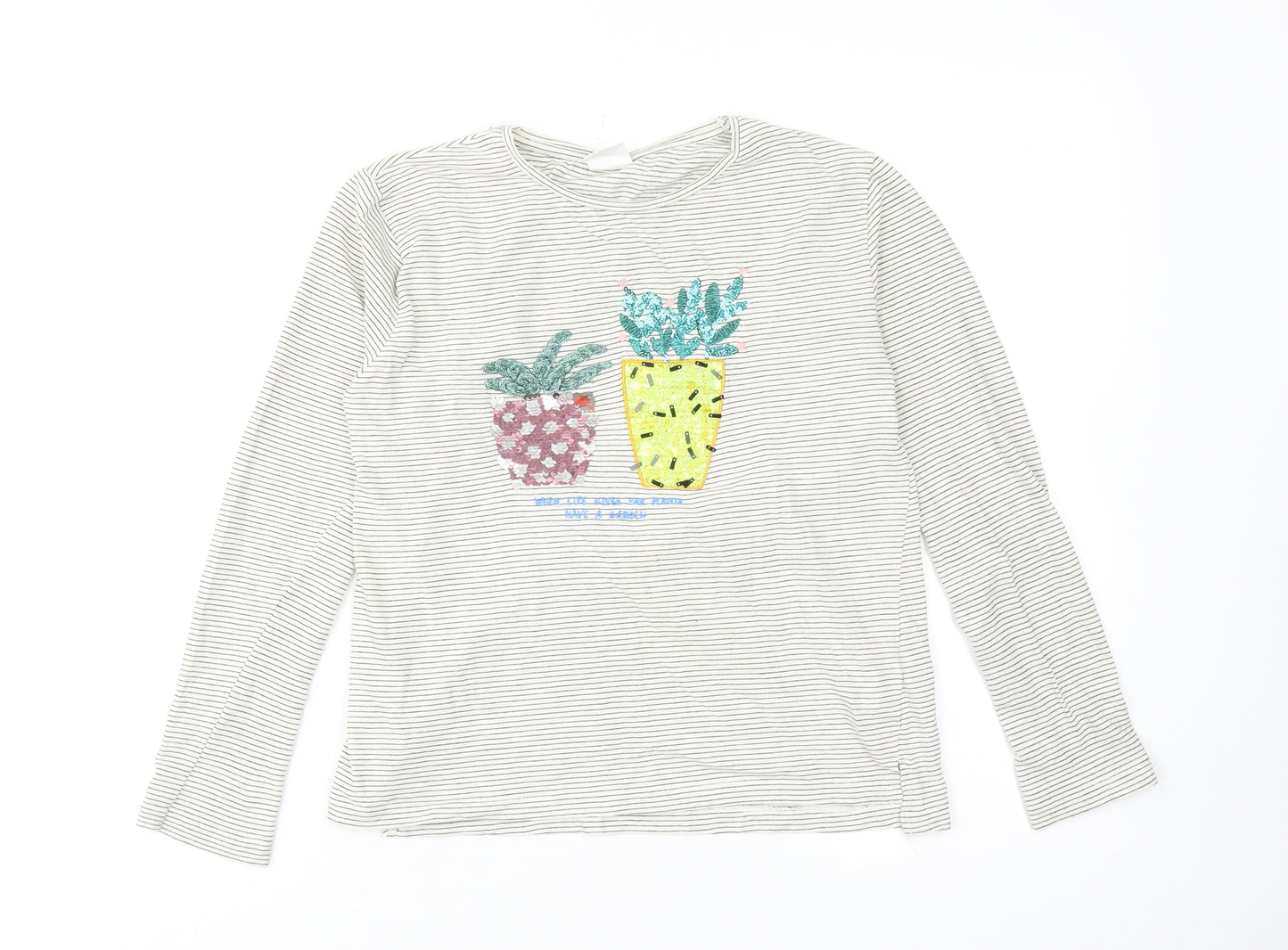 Zara Girls White Striped Cotton Basic T-Shirt Size 11-12 Years Crew Neck Pullover
