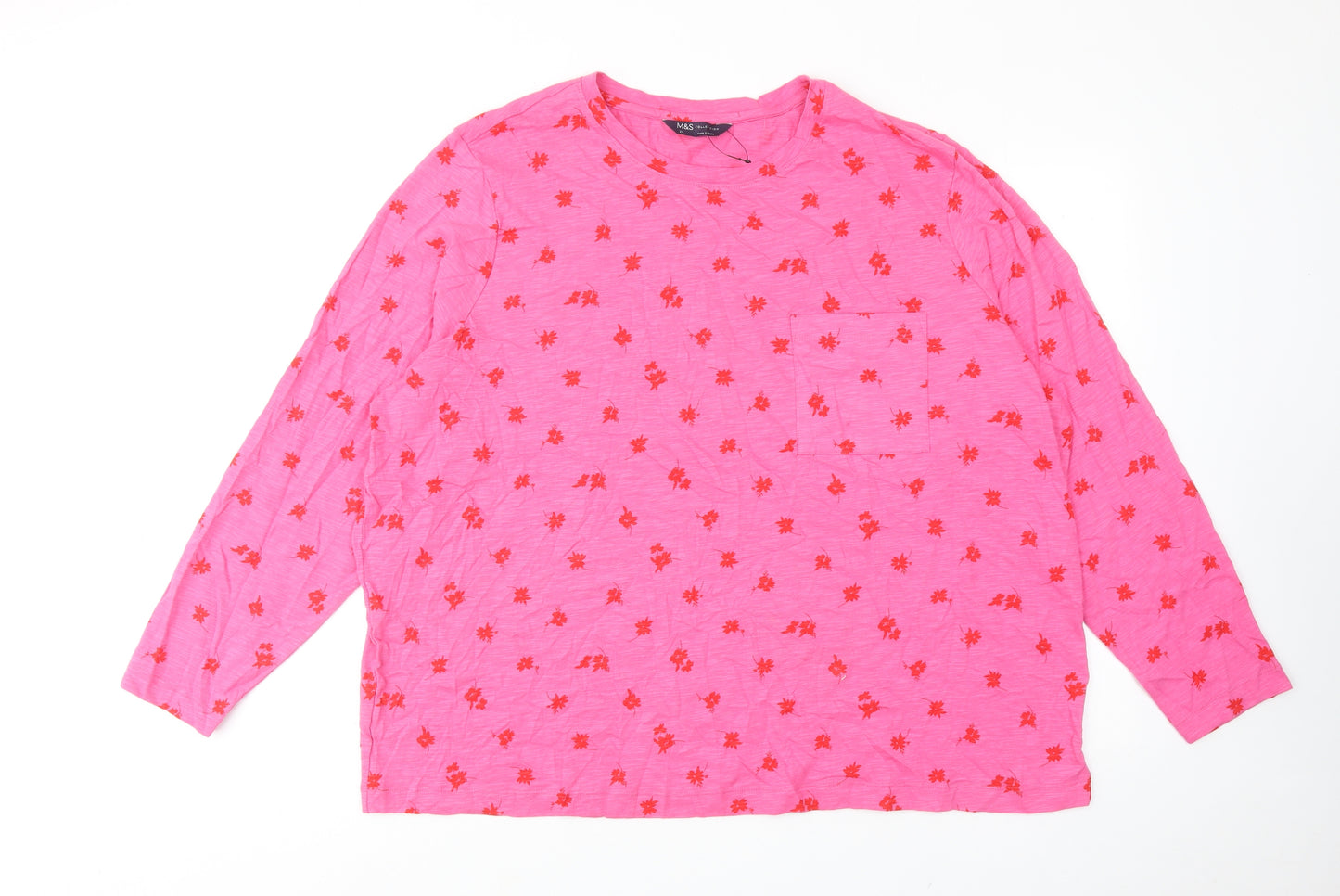 Marks and Spencer Womens Pink Floral Cotton Basic T-Shirt Size 24 Crew Neck