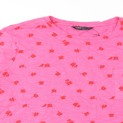 Marks and Spencer Womens Pink Floral Cotton Basic T-Shirt Size 24 Crew Neck