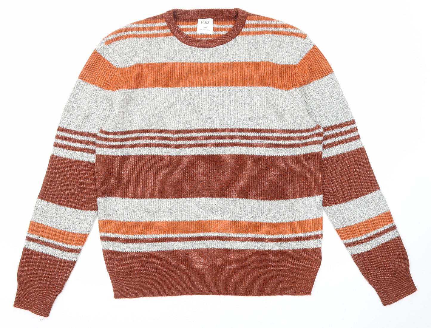 Marks and Spencer Mens Multicoloured Round Neck Striped Polyamide Pullover Jumper Size L Long Sleeve