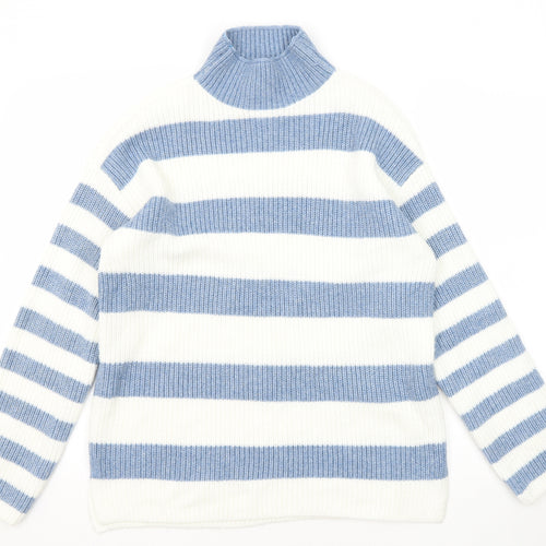 Marks and Spencer Womens Blue Mock Neck Striped Polyester Pullover Jumper Size M