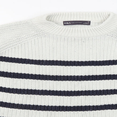 Marks and Spencer Womens Blue Round Neck Striped Cotton Pullover Jumper Size M