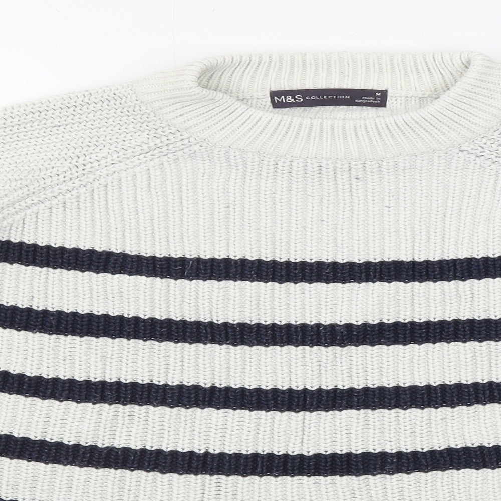 Marks and Spencer Womens Blue Round Neck Striped Cotton Pullover Jumper Size M