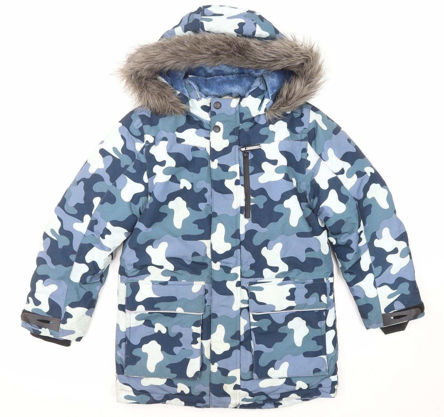 John Lewis Boys Blue Camouflage Puffer Jacket Coat Size 9 Years Zip