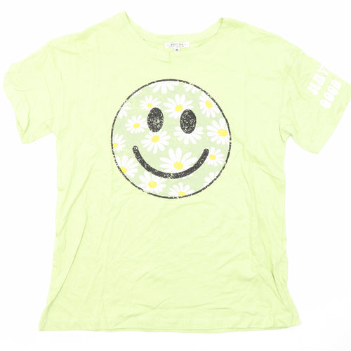 Messy Bun Just Chillin Womens Green Cotton Basic T-Shirt Size M Round Neck - Smiley Face