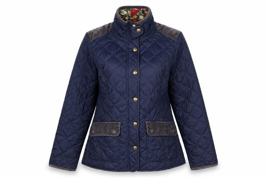Front view of Avenue women’s blue quilted jacket, size M, zip