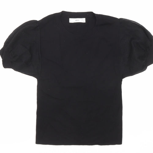 Mango Womens Black Cotton Basic T-Shirt Size S Crew Neck - Puff Sleeve