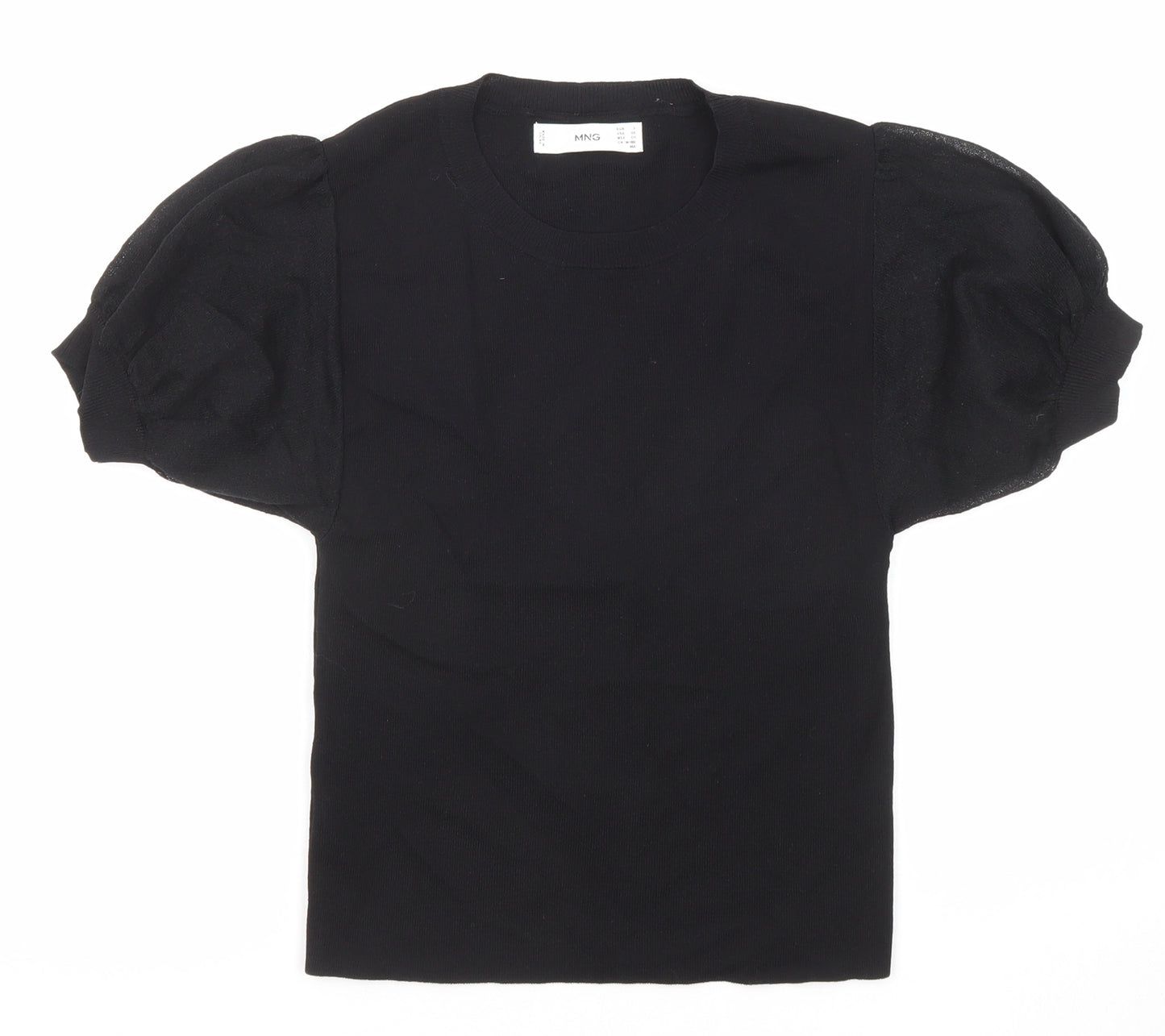 Mango Womens Black Cotton Basic T-Shirt Size S Crew Neck - Puff Sleeve