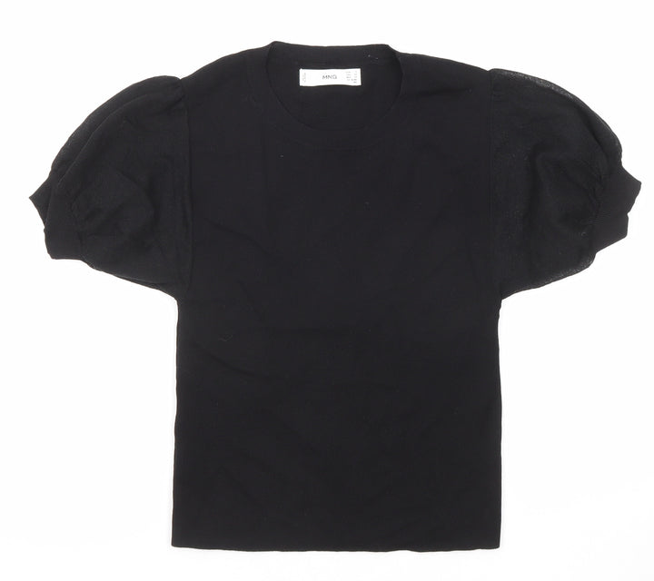Mango Womens Black Cotton Basic T-Shirt Size S Crew Neck - Puff Sleeve