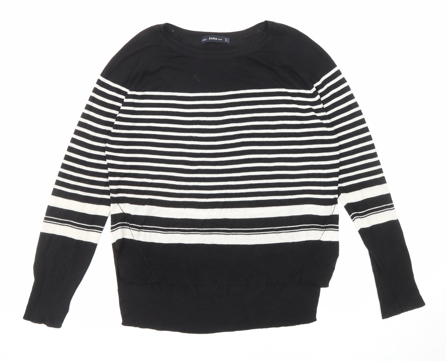 Zara Womens Black Round Neck Striped Viscose Pullover Jumper Size S