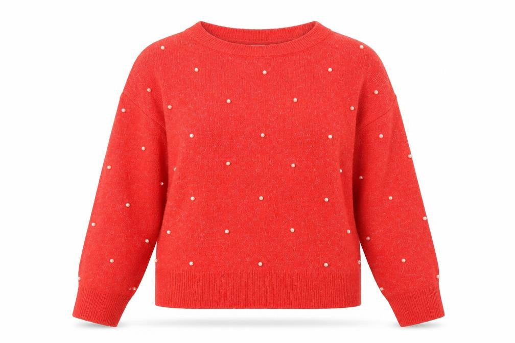 Front view of H&M women’s red boat neck acrylic jumper, size S