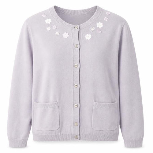 Cotswold Womens Purple Round Neck Cotton Cardigan Jumper Size S - Flower detail