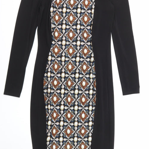 Marks and Spencer Womens Black Geometric Polyester Shift Size 8 Round Neck Pullover