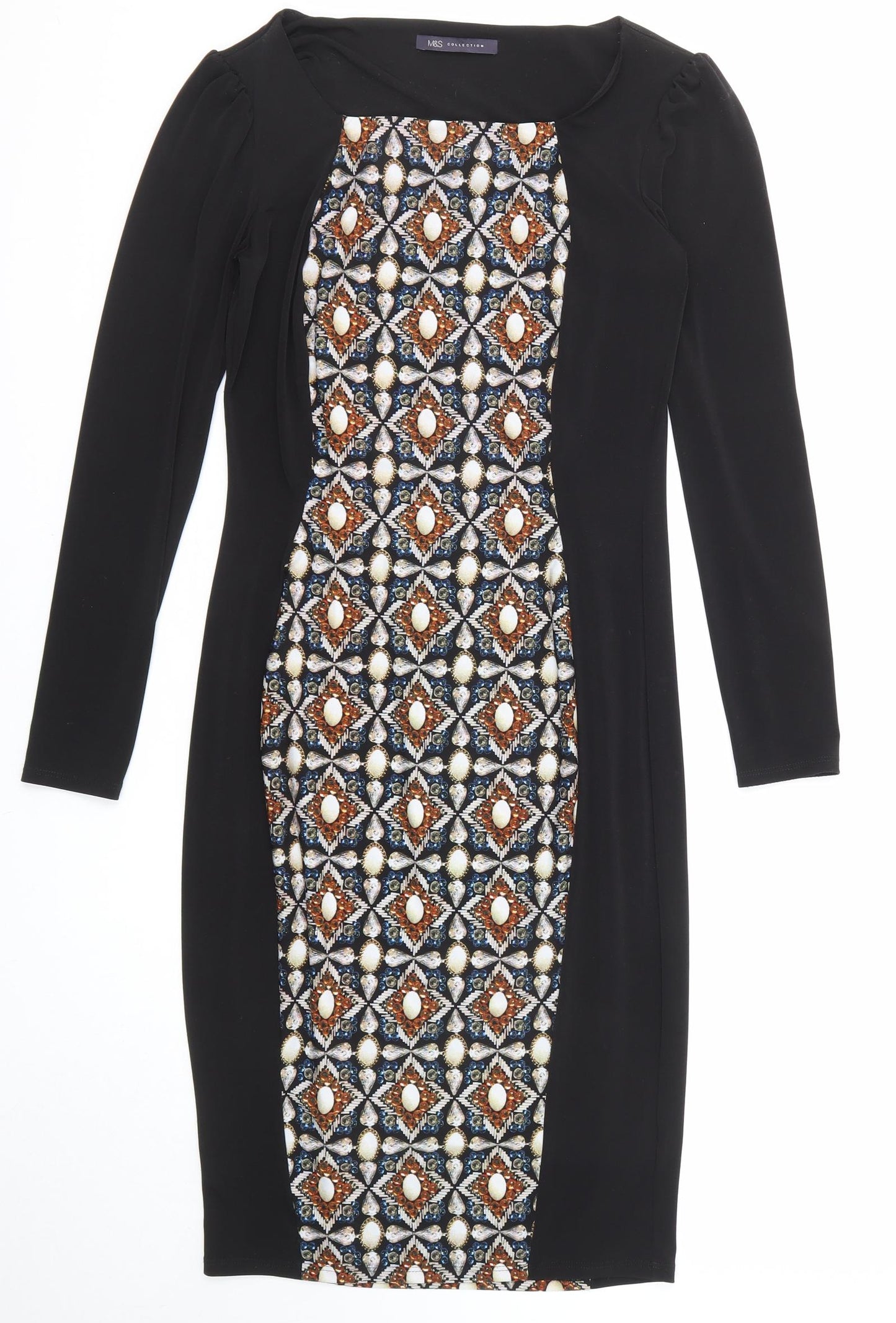 Marks and Spencer Womens Black Geometric Polyester Shift Size 8 Round Neck Pullover