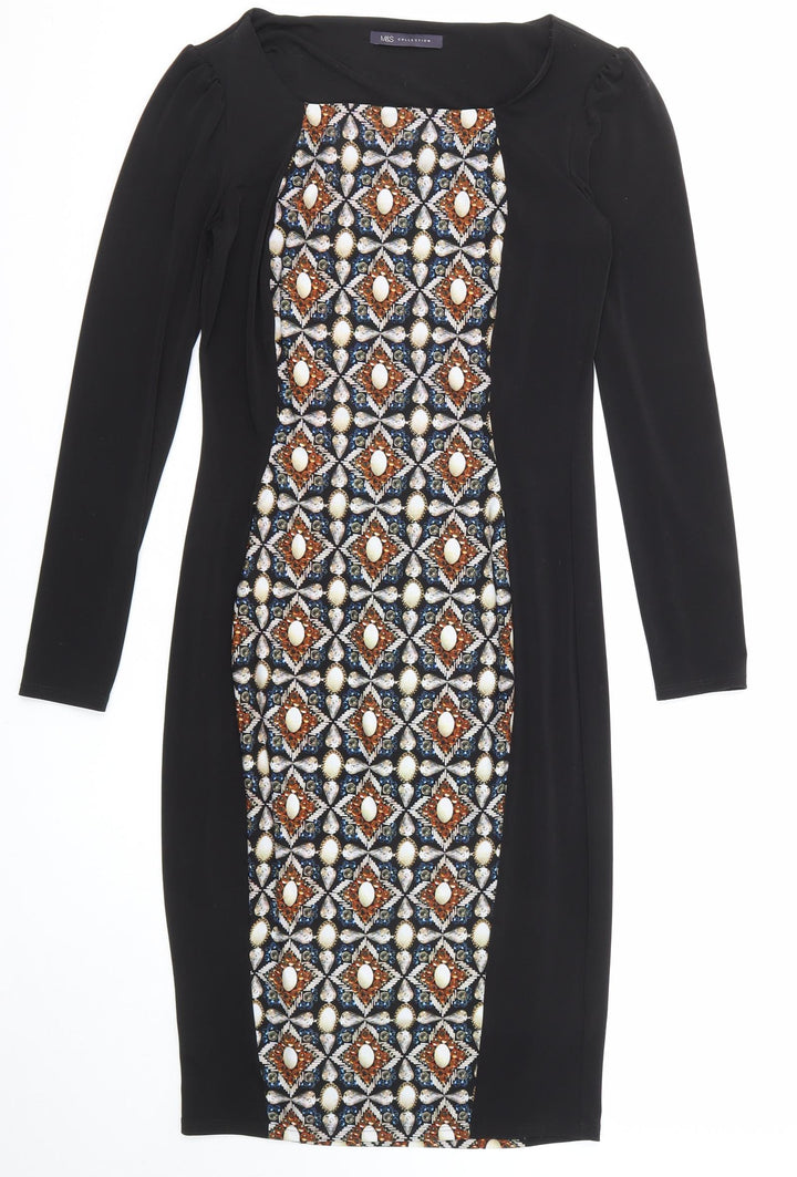Marks and Spencer Womens Black Geometric Polyester Shift Size 8 Round Neck Pullover