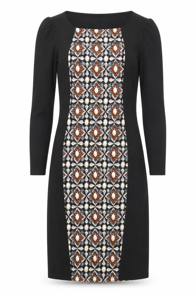Front view of Marks & Spencer women’s black geometric polyester shift, size UK 8, round neck pullover