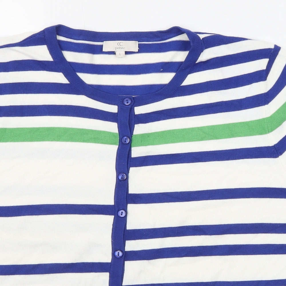 CC Womens Blue Round Neck Striped Viscose Cardigan Jumper Size L
