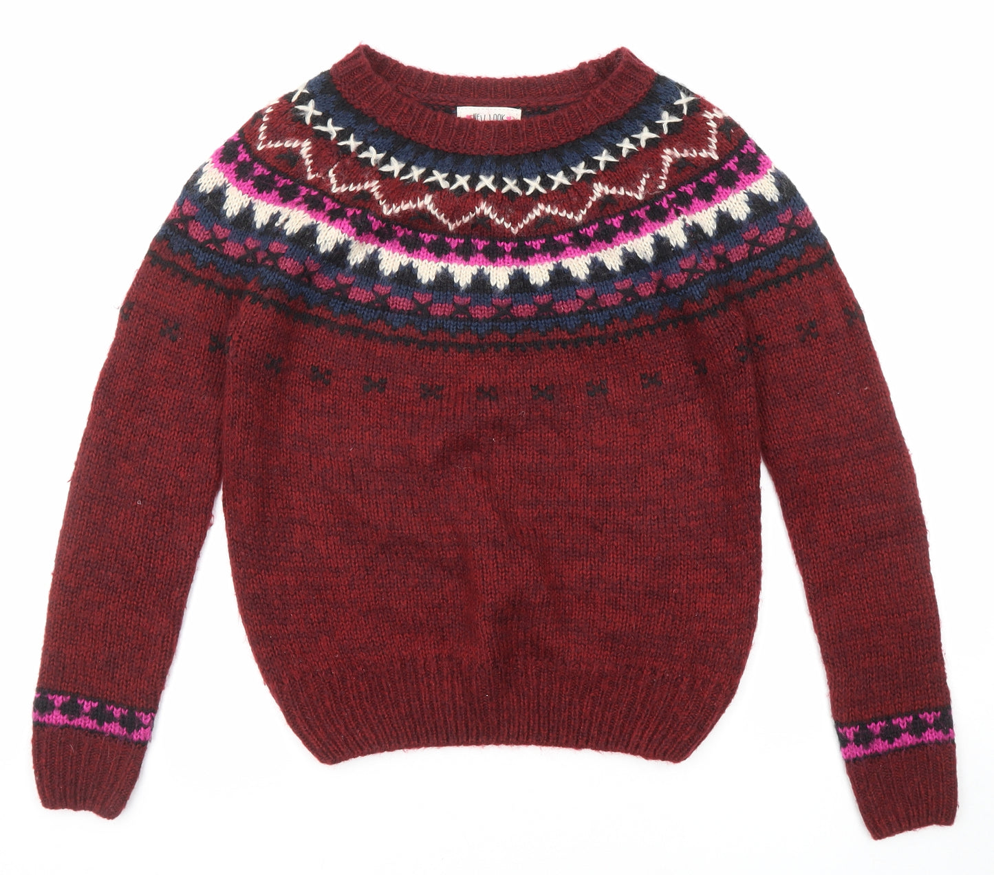 New Look Womens Red Round Neck Fair Isle Acrylic Pullover Jumper Size S