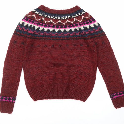 New Look Womens Red Round Neck Fair Isle Acrylic Pullover Jumper Size S