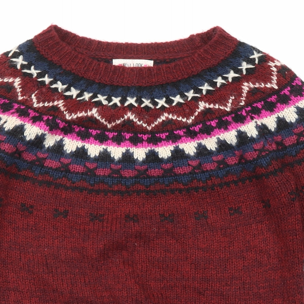 New Look Womens Red Round Neck Fair Isle Acrylic Pullover Jumper Size S