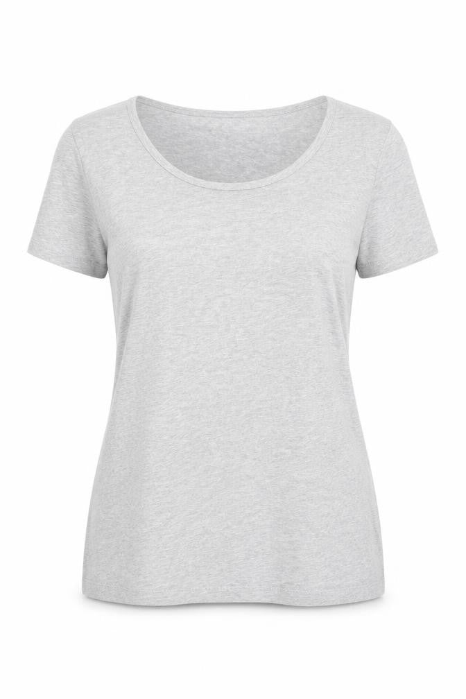 Front view of LTS Basics women’s grey cotton basic t-shirt, size M, scoop neck