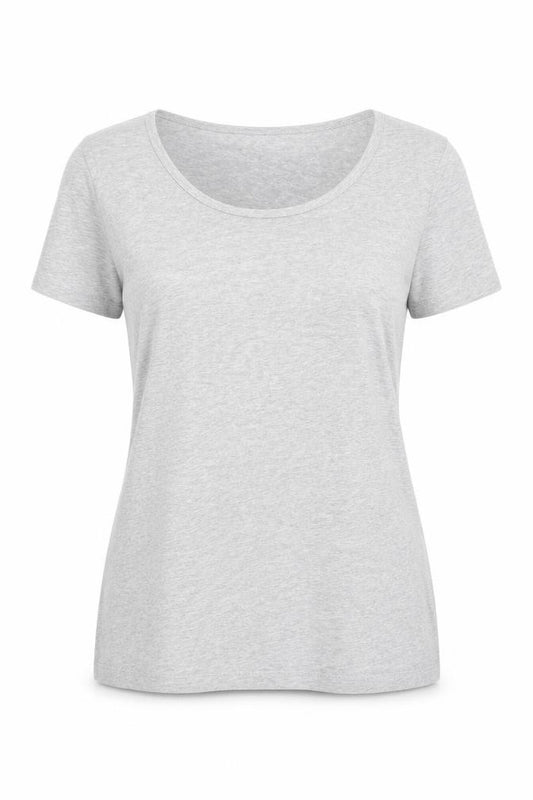Front view of LTS Basics women’s grey cotton basic t-shirt, size M, scoop neck