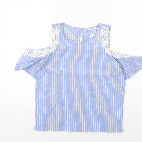 LCW Casual Womens Blue Striped Cotton Basic T-Shirt Size S Round Neck - Cold Shoulder, Lace Detail