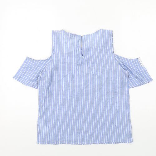 LCW Casual Womens Blue Striped Cotton Basic T-Shirt Size S Round Neck - Cold Shoulder, Lace Detail