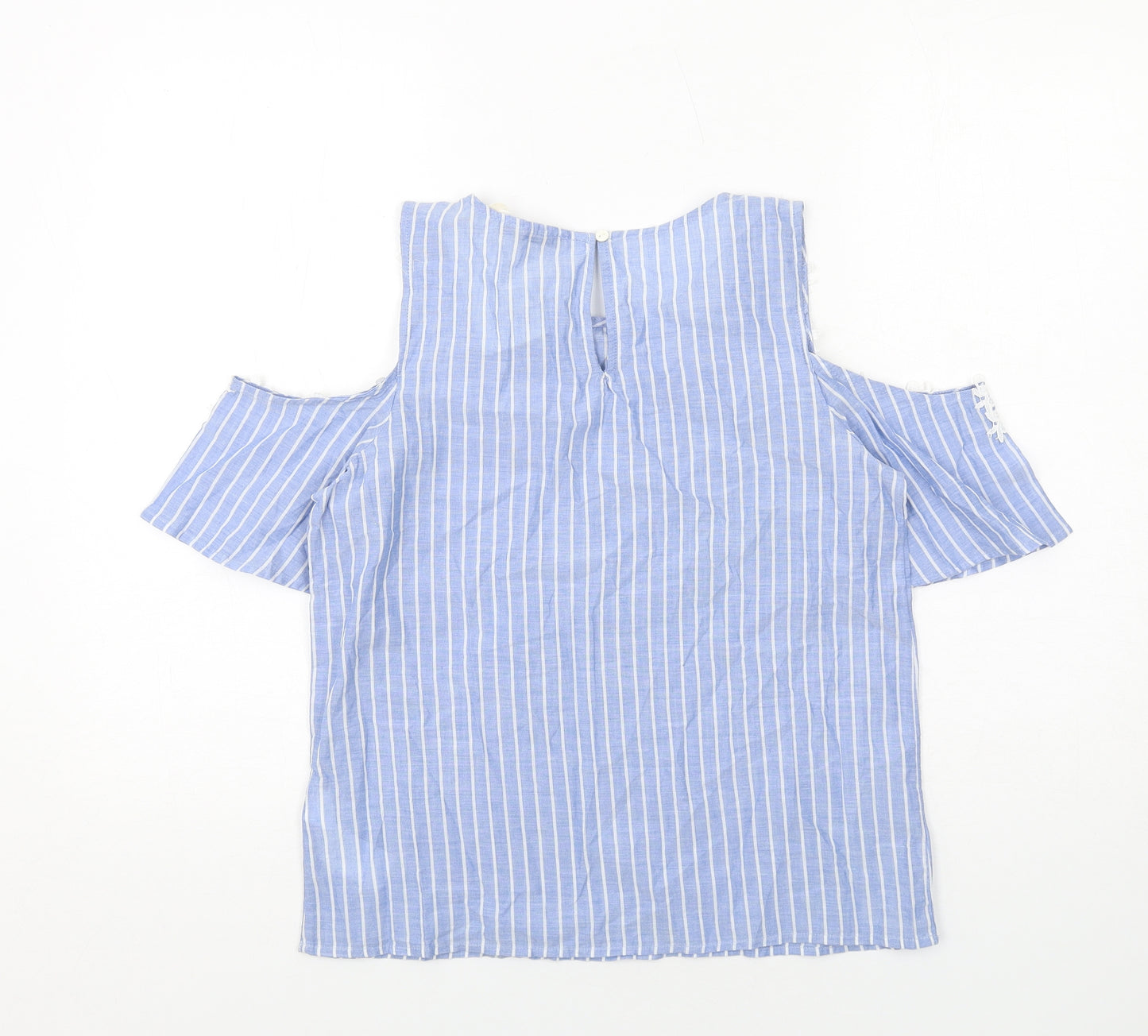 LCW Casual Womens Blue Striped Cotton Basic T-Shirt Size S Round Neck - Cold Shoulder, Lace Detail