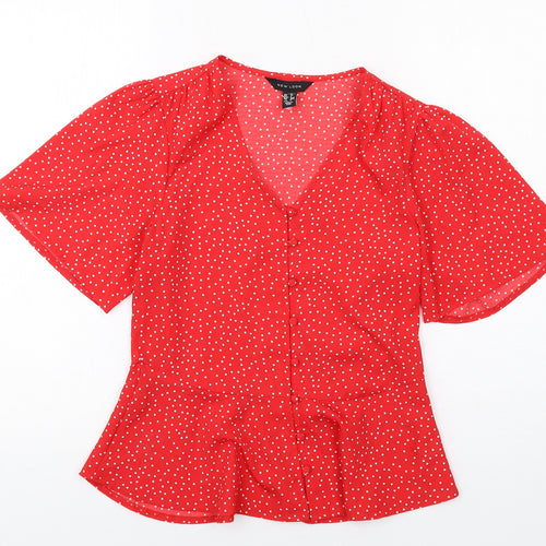 New Look Womens Red Polka Dot Polyester Basic Blouse Size 6 V-Neck