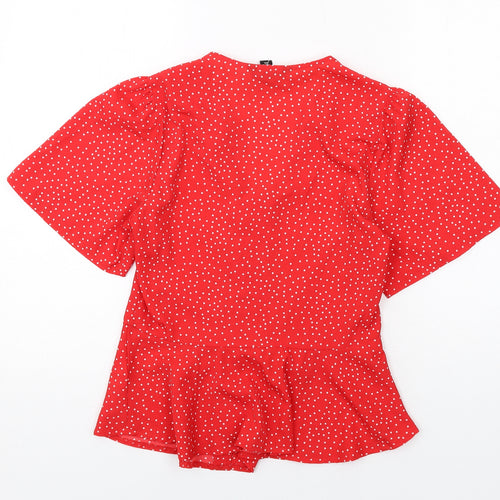 New Look Womens Red Polka Dot Polyester Basic Blouse Size 6 V-Neck
