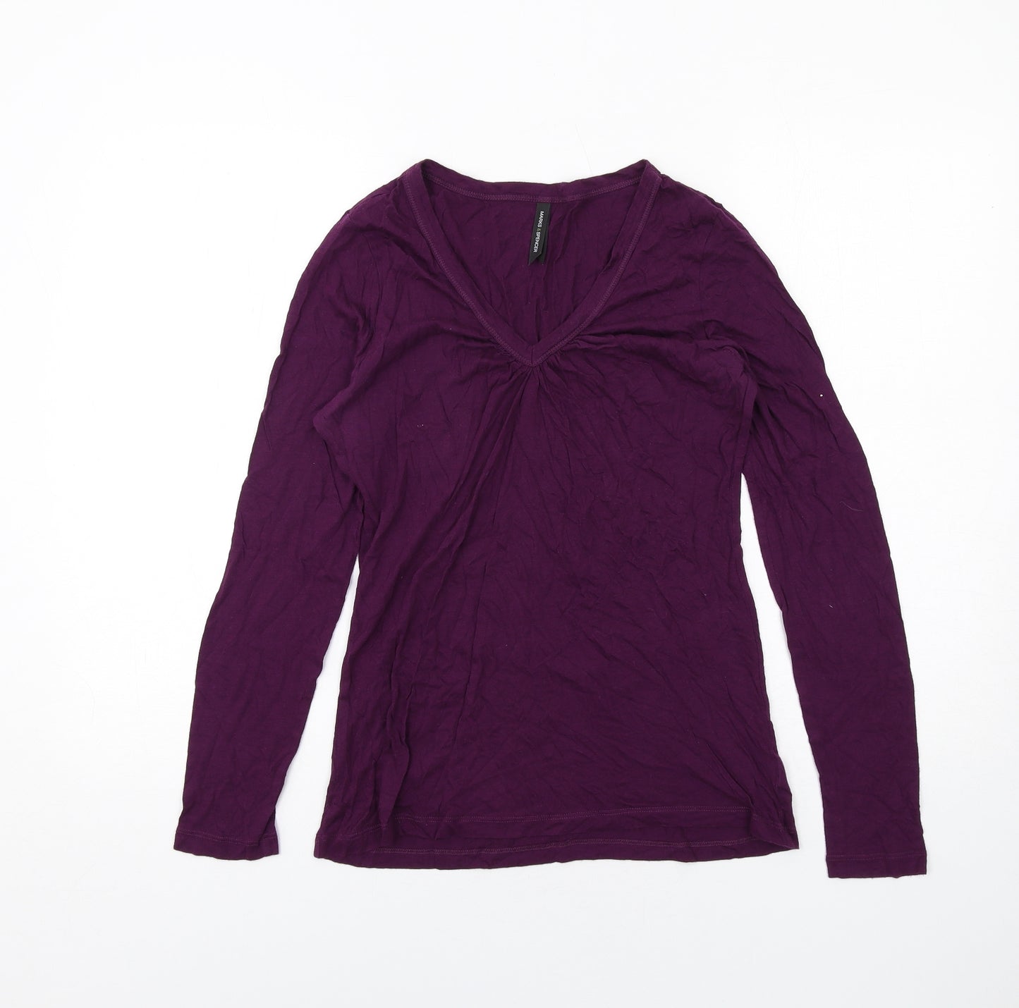 Marks and Spencer Womens Purple Cotton Basic T-Shirt Size 16 V-Neck