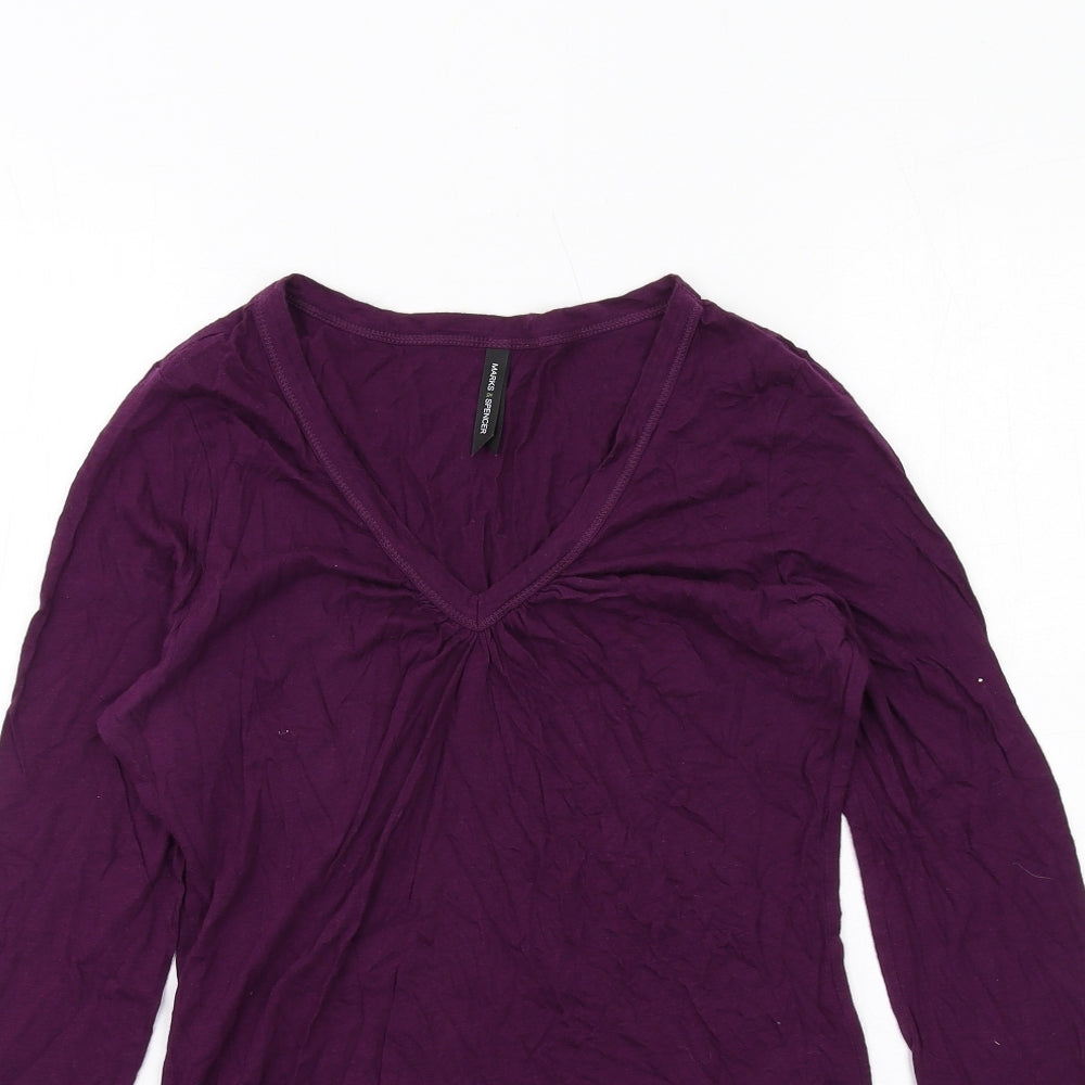 Marks and Spencer Womens Purple Cotton Basic T-Shirt Size 16 V-Neck
