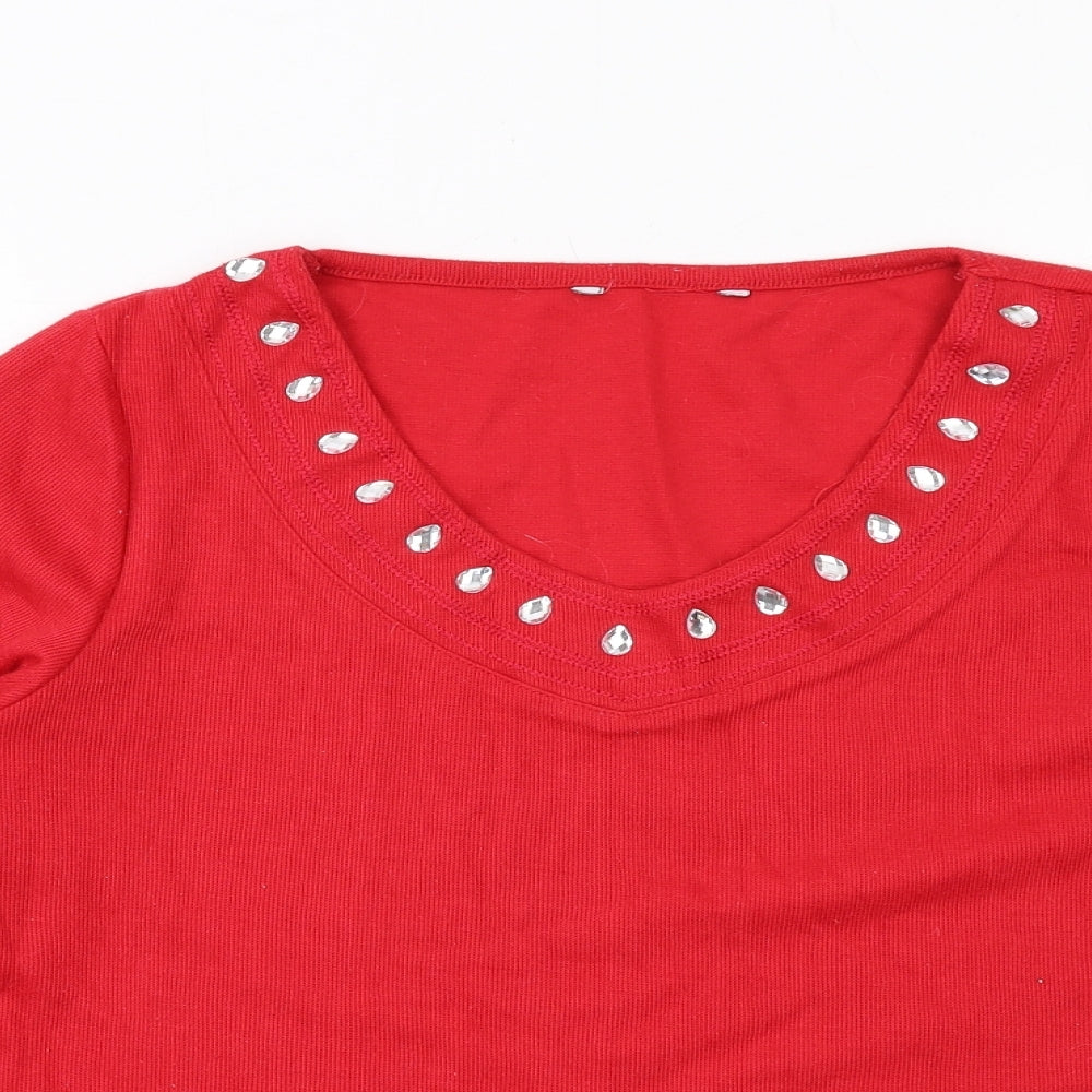Bonmarché Womens Red Polyester Basic T-Shirt Size 16 Scoop Neck - Embellished Neckline