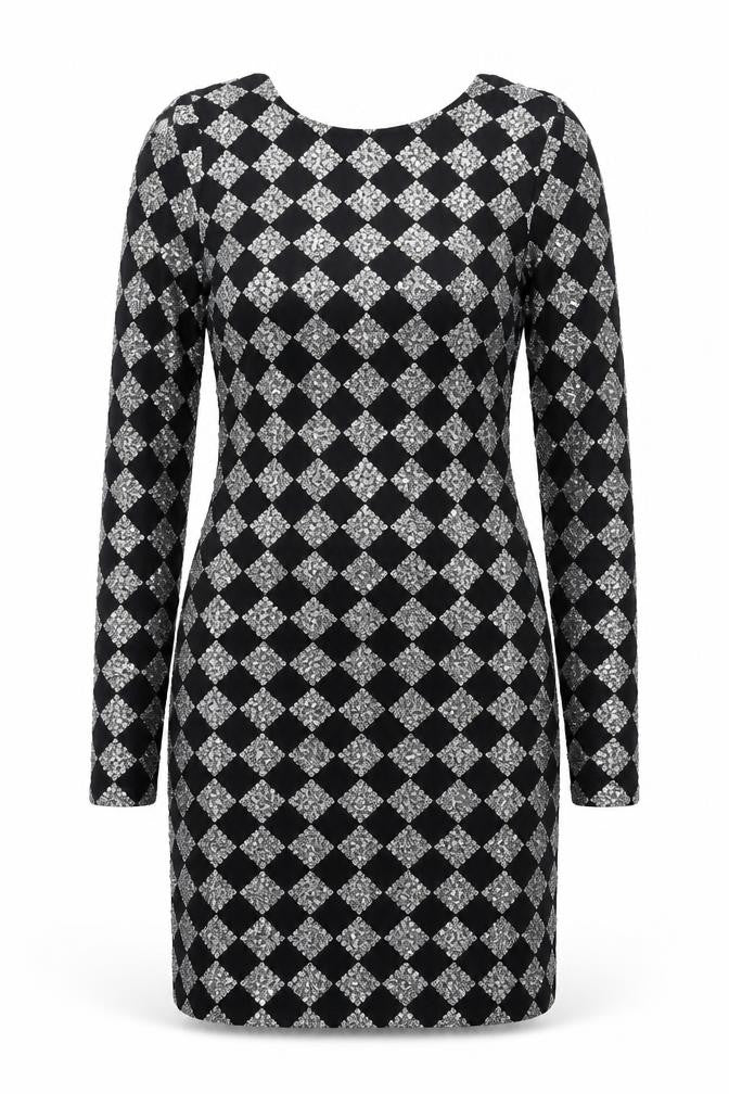 Front view of Motel Rocks women’s black argyle/diamond polyester bodycon, size S, round neck pullover
